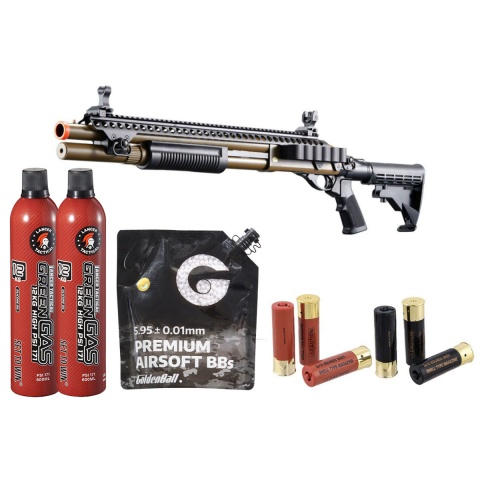 Golden Eagle M8874 3/6-Shot Pump Action Gas Airsoft Shotgun w/ Flip Up Sights, Picatinny Rail & M4 Crane Stock - Shell/Green Gas Combo - (Tan)