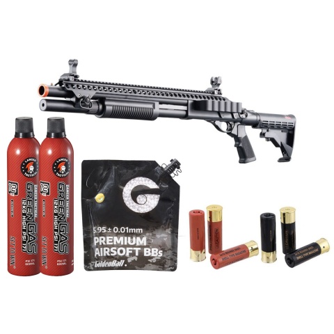 Golden Eagle M8874 3/6-Shot Pump Action Gas Airsoft Shotgun w/ Flip Up Sights, Picatinny Rail & M4 Crane Stock - Shell/Green Gas Combo - (Black)