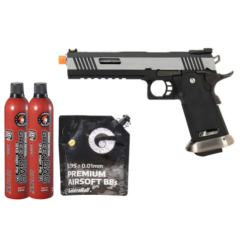 WE Tech 1911 Hi-Capa T-Rex Competition Gas Blowback Airsoft Pistol w/ Sight Mount & Top Ports - (2-Tone/Silver) Green Gas Combo