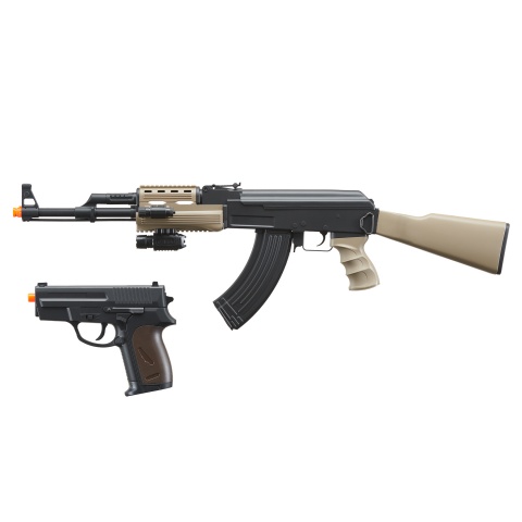 UKARMS IU-AK47T Tactical AK47 AEG Airsoft Rifle with Laser Flashlight P618 Pistol and 700 Round Grenade BBs - (Dark Earth and Black)
