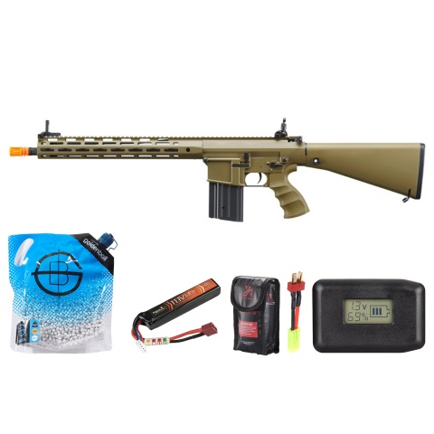 Golden Eagle Airsoft SR-25K W/ URX4 M-LOK Handguard & Full Stock - Battery/Adapter/Charger Combo - Tan