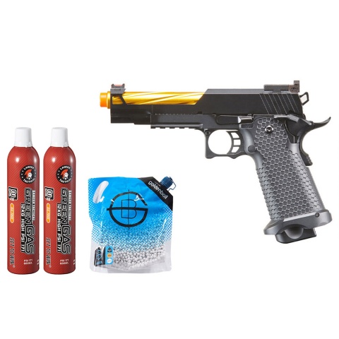 Golden Eagle 3337 OTS .45 Hi-Capa Gas Blowback Open Slide Pistol - Green Gas Combo - (Black/Gold)