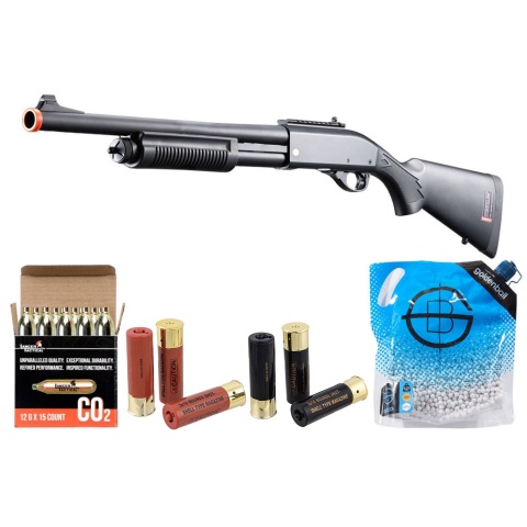 Golden Eagle M8870 3/6-Shot Pump Action CO2 Airsoft Shotgun w/ Ghost Ring Iron Sights - Shell/CO2 Combo - (Black)