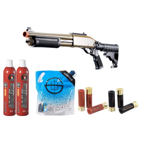 Golden Eagle M8871 3/6-Shot Pump Action Gas Airsoft Shotgun w/ Ghost Ring Iron Sights & M4 Crane Stock Shell/Green Gas Combo - (Tan)