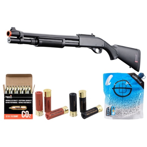 Golden Eagle M870 3/6-Shot Pump Action CO2 Airsoft Shotgun w/ Mock Shell Tube & Ghost Ring Iron Sights - Shell/CO2 Combo - (Black)