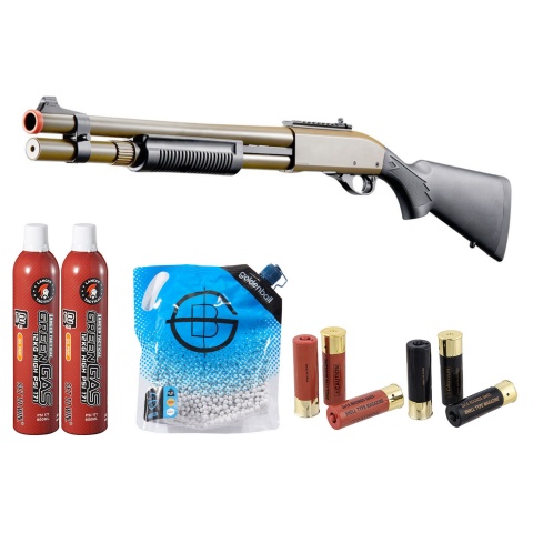 Golden Eagle M870 3/6-Shot Pump Action Gas Airsoft Shotgun w/ Mock Shell Tube & Ghost Ring Iron Sights Shell/Green Gas Combo - (Tan)