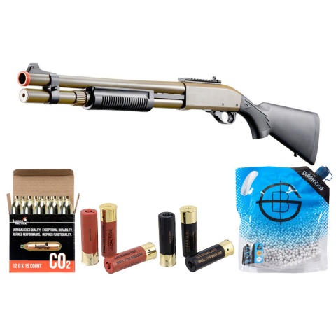 Golden Eagle M870 3/6-Shot Pump Action CO2 Airsoft Shotgun w/ Mock Shell Tube & Ghost Ring Iron Sights - Shell/CO2 Combo - (Tan)