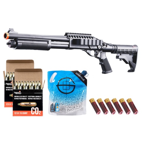 Golden Eagle M8873 3/6-shot Pump Action Co2 Airsoft Shotgun W/ Optic Rail & M4 Crane Stock - CO2/Shell Combo - (Black)