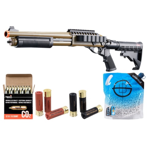 Golden Eagle M8873 3/6-Shot Pump Action CO2 Airsoft Shotgun w/ Optic Rail & M4 Crane Stock - Shell/CO2 Combo - (Tan)