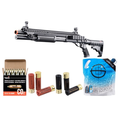 Golden Eagle M8874 3/6-Shot Pump Action CO2 Airsoft Shotgun w/ Flip Up Sights, Picatinny Rail & M4 Crane Stock - Shell/CO2 Combo - (Black)