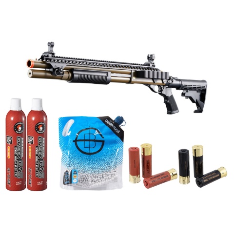 Golden Eagle M8874 3/6-Shot Pump Action Gas Airsoft Shotgun w/ Flip Up Sights, Picatinny Rail & M4 Crane Stock - Shell/Green Gas Combo - (Tan)