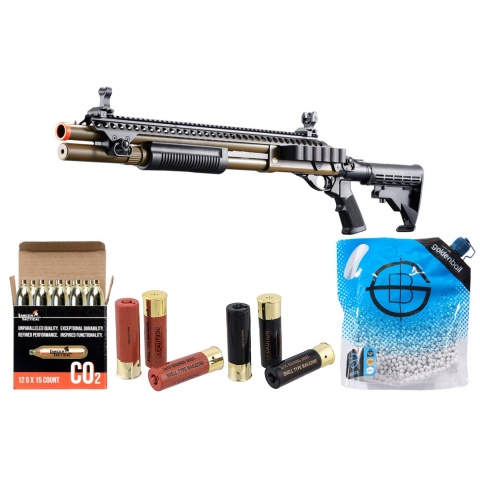 Golden Eagle M8874 3/6-Shot Pump Action CO2 Airsoft Shotgun w/ Flip Up Sights, Picatinny Rail & M4 Crane Stock - Shell/CO2 Combo - (Tan)