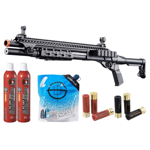 Golden Eagle M8875 3/6-shot Pump Action Gas Airsoft Shotgun W/ Flip Up Sights, M-lok, Picatinny Rail & M4 Buffer Stock - Green Gas/Shell Combo - (Black)