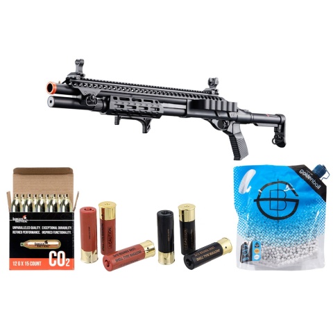 Golden Eagle M8875 3/6-Shot Pump Action CO2 Airsoft Shotgun w/ Flip Up Sights, M-LOK, Picatinny Rail & M4 Buffer Stock - Shell/CO2 Combo - (Black)