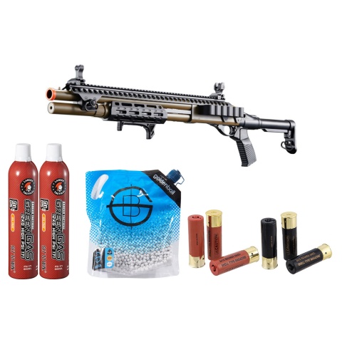 Golden Eagle M8875 3/6-Shot Pump Action Gas Airsoft Shotgun w/ Flip Up Sights, M-LOK, Picatinny Rail & M4 Buffer Stock - Shell/Green Gas Combo - (Tan)