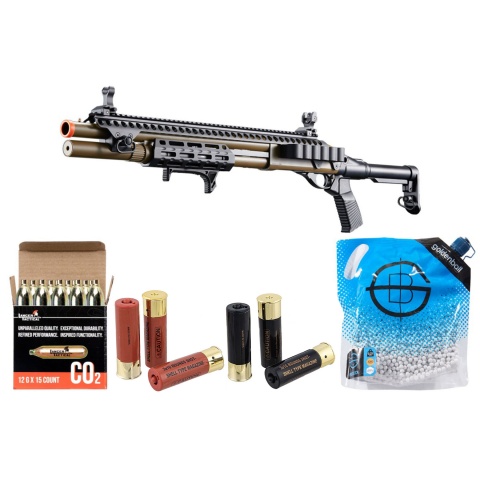 Golden Eagle M8875 3/6-Shot Pump Action CO2 Airsoft Shotgun w/ Flip Up Sights, M-LOK, Picatinny Rail & M4 Buffer Stock - Shell/CO2 Combo - (Tan)