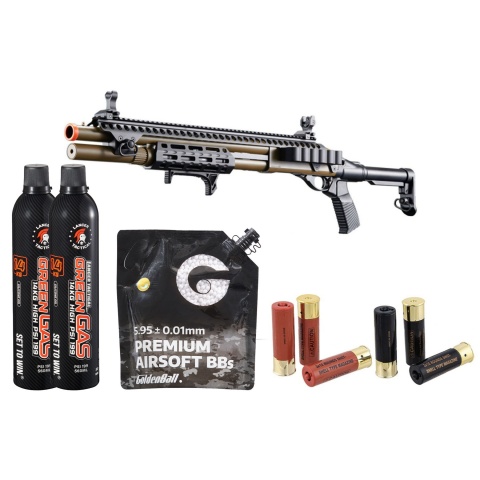 Golden Eagle M8875 3/6-Shot Pump Action Gas Airsoft Shotgun w/ Flip Up Sights, M-LOK, Picatinny Rail & M4 Buffer Stock - Shell/Green Gas Combo - (Tan)