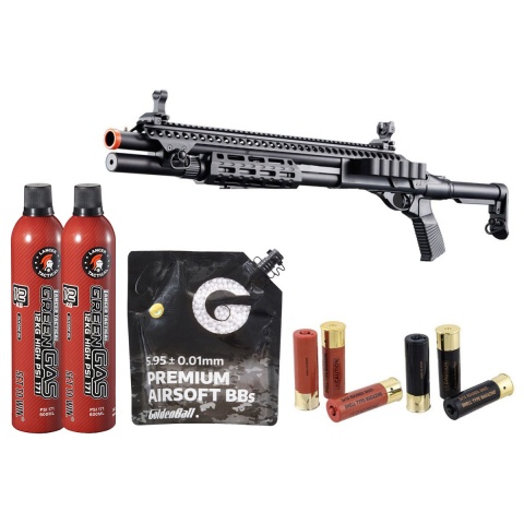 Golden Eagle M8875 3/6-shot Pump Action Gas Airsoft Shotgun W/ Flip Up Sights, M-lok, Picatinny Rail & M4 Buffer Stock - Green Gas/Shell Combo - (Black)