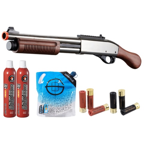 Golden Eagle M8877 3/6-Shot Pump Action Gas Airsoft Sawed-Off Shotgun Shell/Green Gas Combo - (Silver/Wood)