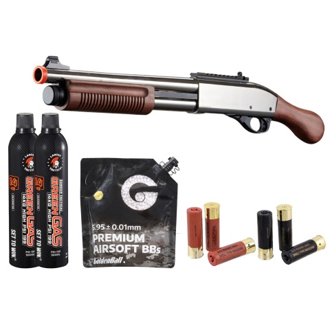 Golden Eagle M8877 3/6-Shot Pump Action Gas Airsoft Sawed-Off Shotgun Shell/Green Gas Combo - (Silver/Wood)