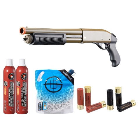 Golden Eagle M8881 3/6-Shot Pump Action Gas Airsoft Sawed-Off Shotgun Shell/Green Gas Combo - (Tan)
