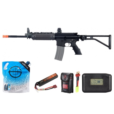 Atlas Custom Works M4 Gr-300 Long Version Airsoft Aeg Rifle W/ Folding Stock - Battery/Adapter/Charger Combo - (Black)