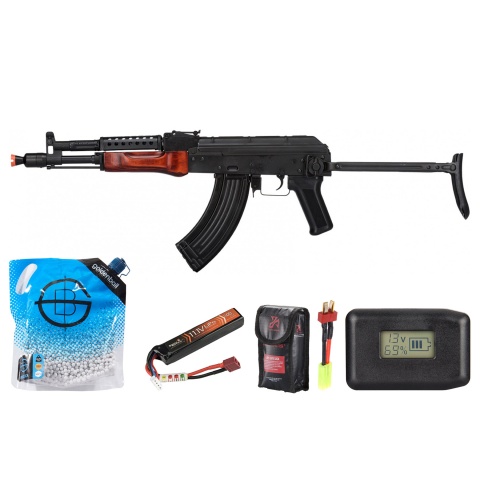 LCT MG MS AEG LCT Airsoft Stamped Steel Ak-74 W/ Fold Stock - Battery/Adapter/Charger Combo - (Black / Wood)