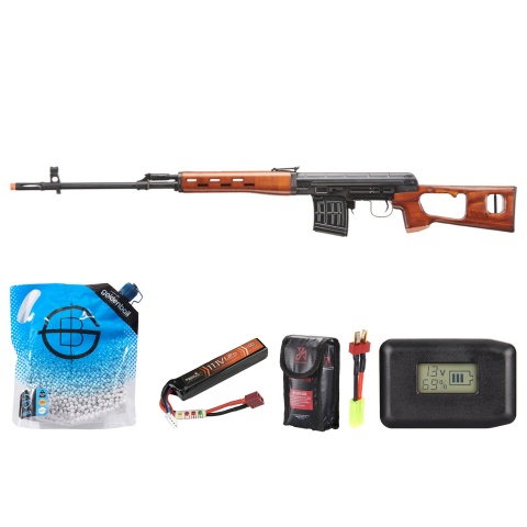 LCT SVD Dragunov Electric Airsoft Sniper Rifle W/ Real Wood Furniture - Battery/Adapter/Charger Combo - (Wood)