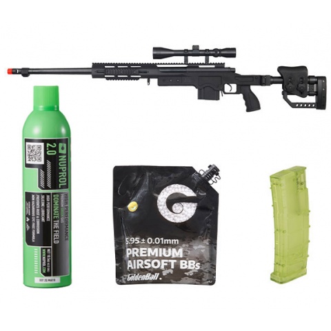WellFire Airsoft Bolt Action Rifle w/ Fluted Barrel & Scope W/ Green Gas/BB/Speed Loader Bundle