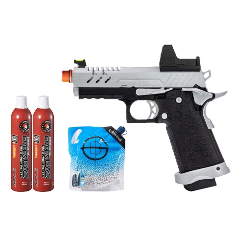 Vorsk Hi-Capa 3.8 Pro GBB Pistol w/ Red Dot Sight - (Chrome/Black) Green Gas Combo