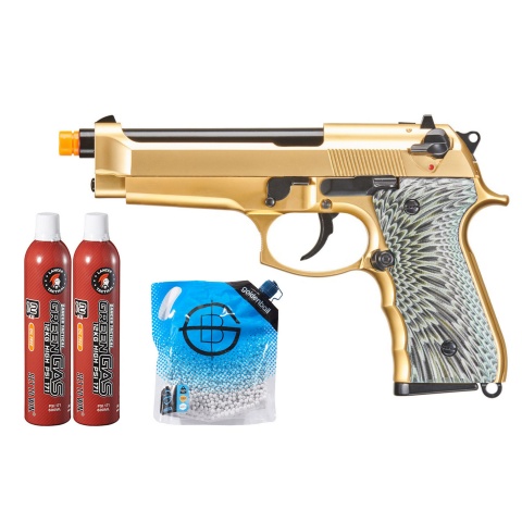 WE-Tech New System M92 Eagle Full Auto Airsoft Gas Blowback Pistol - (Gold) Green Gas Combo