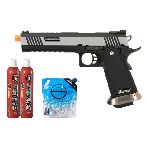 WE Tech 1911 Hi-Capa T-Rex Competition Gas Blowback Airsoft Pistol w/ Sight Mount & Top Ports - (2-Tone/Silver) Green Gas Combo