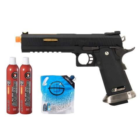 WE Tech 1911 Hi-Capa T-Rex Competition Gas Blowback Airsoft Pistol w/ Sight Mount & Top Ports - (Black/Gold) Green Gas Combo