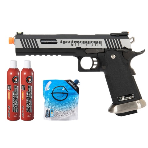 WE Tech 1911 Hi-Capa T-Rex Competition Gas Blowback Airsoft Pistol w/ Sight Mount & Top Ports [Tibetan Version] - (2-Tone/Silver) Green Gas Combo