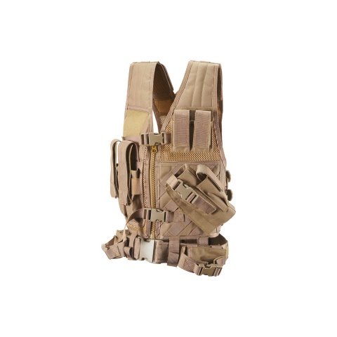 Lancer Tactical Airsoft Cross Draw Vest Youth Size w/ Holster - KHAKI