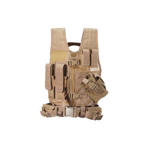 Lancer Tactical Airsoft Cross Draw Vest Youth Size w/ Holster - KHAKI