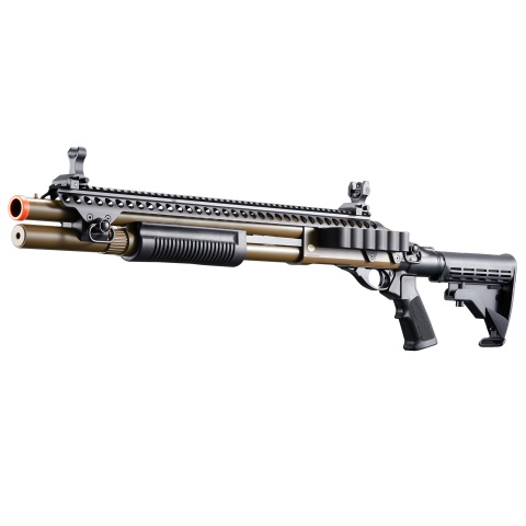 Golden Eagle M8874 3/6-Shot Pump Action CO2 Airsoft Shotgun w/ Flip Up Sights, Picatinny Rail & M4 Crane Stock