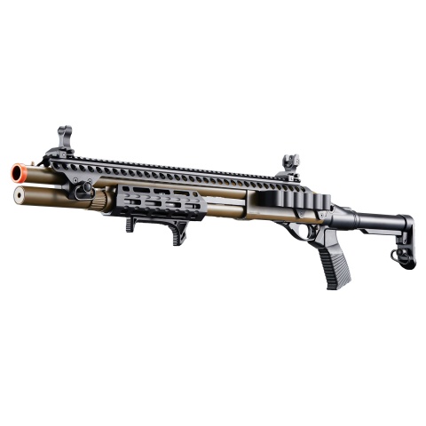 Golden Eagle M8875 3/6-Shot Pump Action CO2 Airsoft Shotgun w/ Flip Up Sights, M-LOK, Picatinny Rail & M4 Buffer Stock