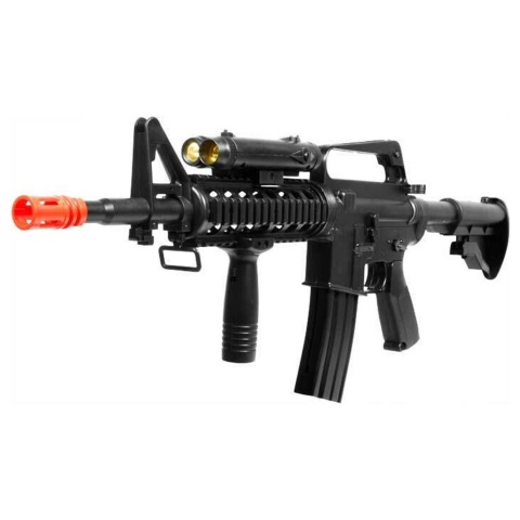 Well M16A4 Style M4 RIS Spring Airsoft Rifle w/ Flashlight, Laser, Vertical Foregrip & Retractable Stock - (Black)