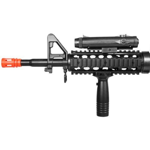 Well M16A4 Style M4 RIS Spring Airsoft Rifle w/ Flashlight, Laser, Vertical Foregrip & Retractable Stock - (Black)