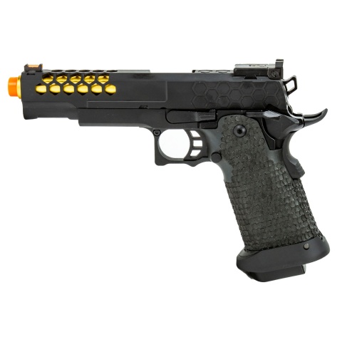 Golden Eagle 3339 OTS .45 Hi-Capa Gas Blowback Pistol w/ Hive Vented Slide & Standard Grip Stippling (Color: Black / Gold Barrel)