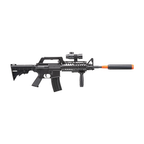 WELL M4 Airsoft Spring Rifle w/ Scope, Grip, Laser, Extension - BLACK