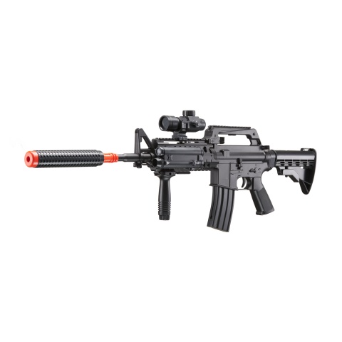 WELL M4 Airsoft Spring Rifle w/ Scope, Grip, Laser, Extension - BLACK