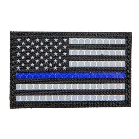 Reflective Fabric Forward US Flag w/ Thin Blue Line (Color: Black)