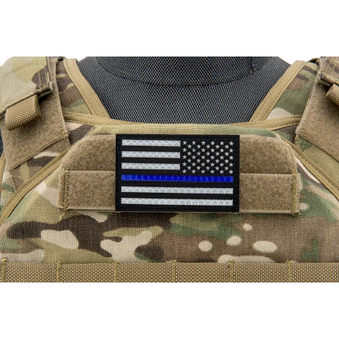 Reflective Fabric Reverse US Flag w/ Thin Blue Line (Color: Black)