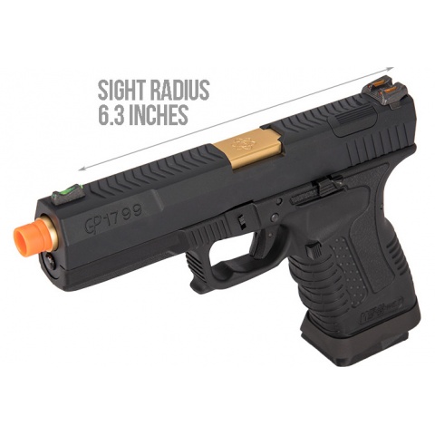 WE Tech GP1799 T1 Gas Blowback Airsoft Pistol - BLACK / GOLD BARREL