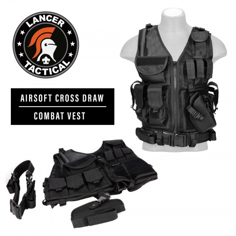 Lancer Tactical Airsoft Cross Draw Combat Vest w/ Holster - BLACK