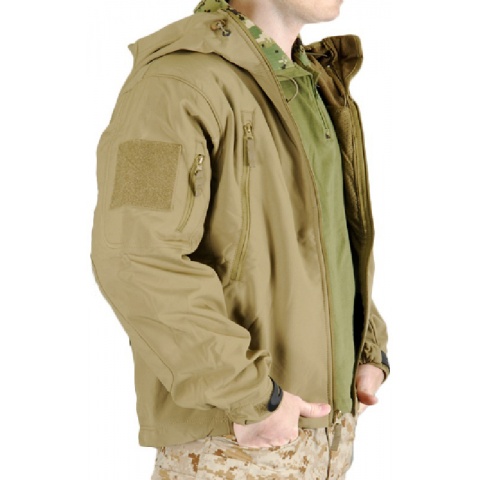 Lancer Tactical Airsoft Soft Shell Jacket w/ Hood - TAN