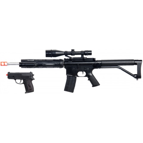 UK Arms Airsoft Spring Rifle w/ Attachments & Pistol Combo - BLACK