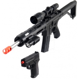 UK Arms Airsoft Spring Rifle w/ Attachments & Pistol Combo - BLACK